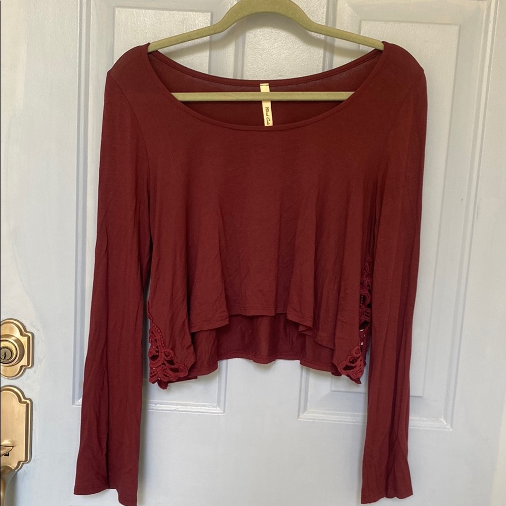 Burgundy Bell Long Sleeve Crop Top, Lace sides